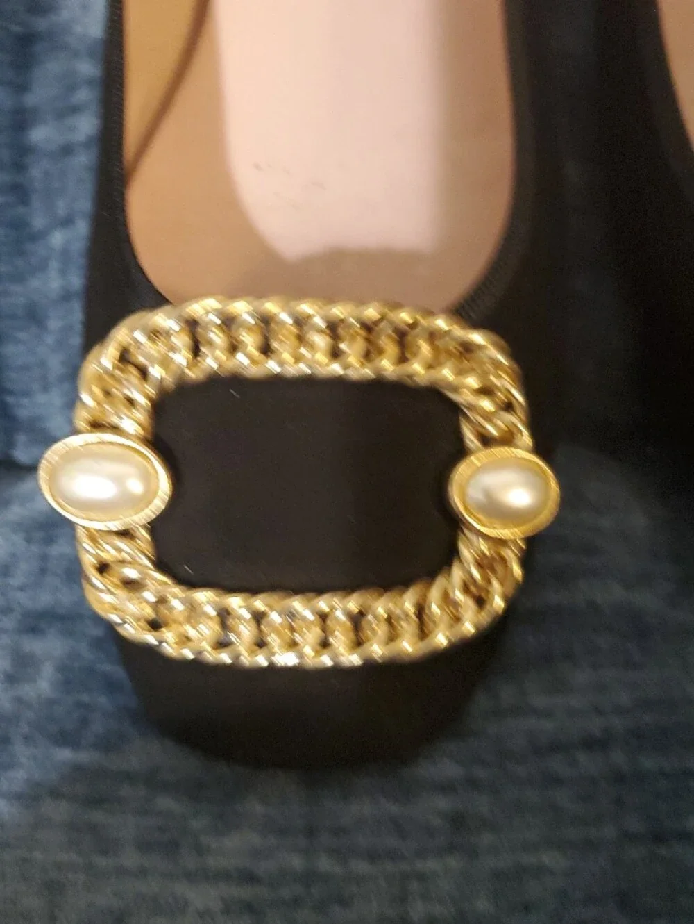 Pretty Ballerinas Black Shoes with Gold Chain Buckle and Pearl Accents